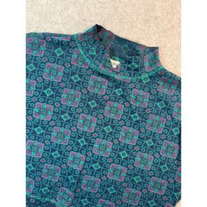 Vintage David Wayne Mock Neck Top Large Teal Magenta Geometric Floral Print Knit